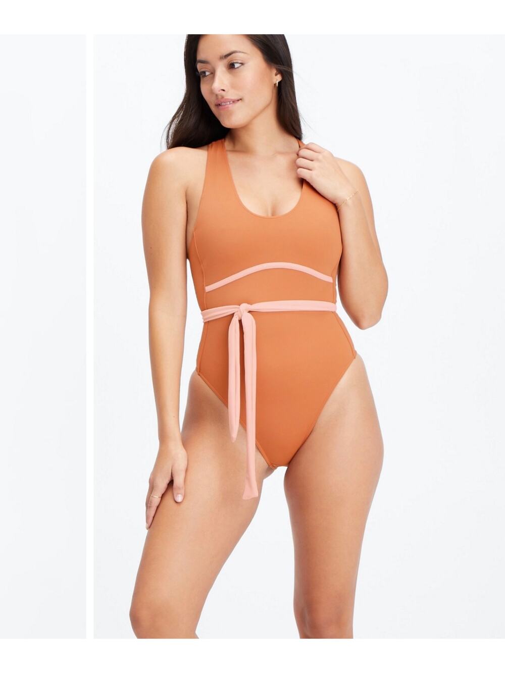 Fabletics NWT Gabriella one piece swimsuit in sequoia pink / lace up / size SM